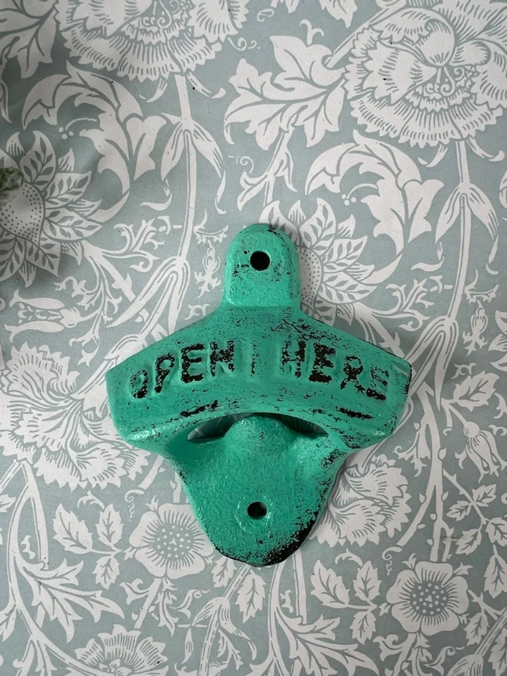 Vintage Style Wall Bottle Opener - OPEN HERE Cast Iron Turquoise Rustic Finish